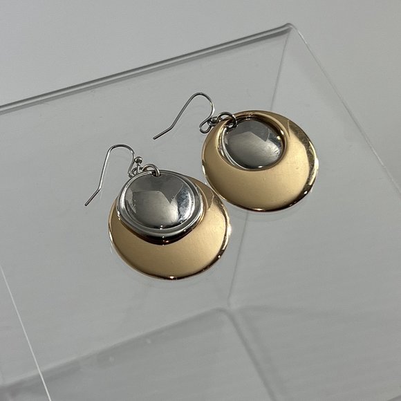Metal Earrings Dangle Silver Tone Gold Tone Circles 2" Long - Picture 4 of 5